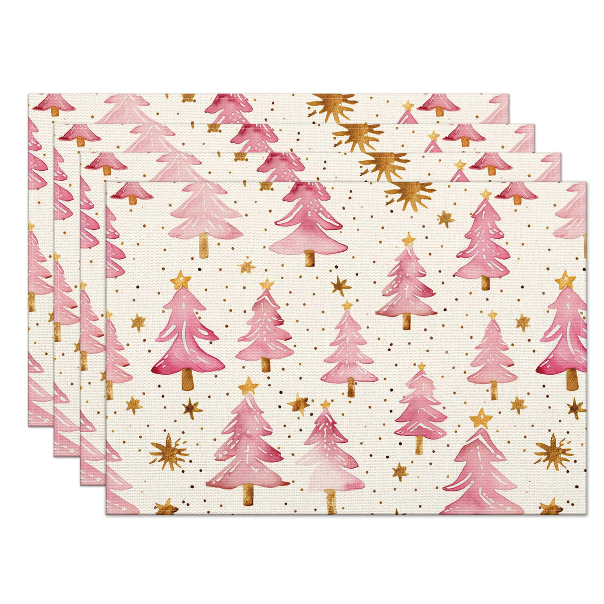 Christmas Placemats Set of 4, 12x18 Inch Pink Merry Christmas Trees Heat-Resistant Place Mats, Seasonal Winter Table Decors for Farmhouse Kitchen Dining Xmas Holiday Party Moutina