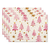 Christmas Placemats Set of 4, 12x18 Inch Pink Merry Christmas Trees Heat-Resistant Place Mats, Seasonal Winter Table Decors for Farmhouse Kitchen Dining Xmas Holiday Party Moutina