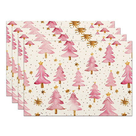 Christmas Placemats Set of 4, 12x18 Inch Pink Merry Christmas Trees Heat-Resistant Place Mats, Seasonal Winter Table Decors for Farmhouse Kitchen Dining Xmas Holiday Party Moutina