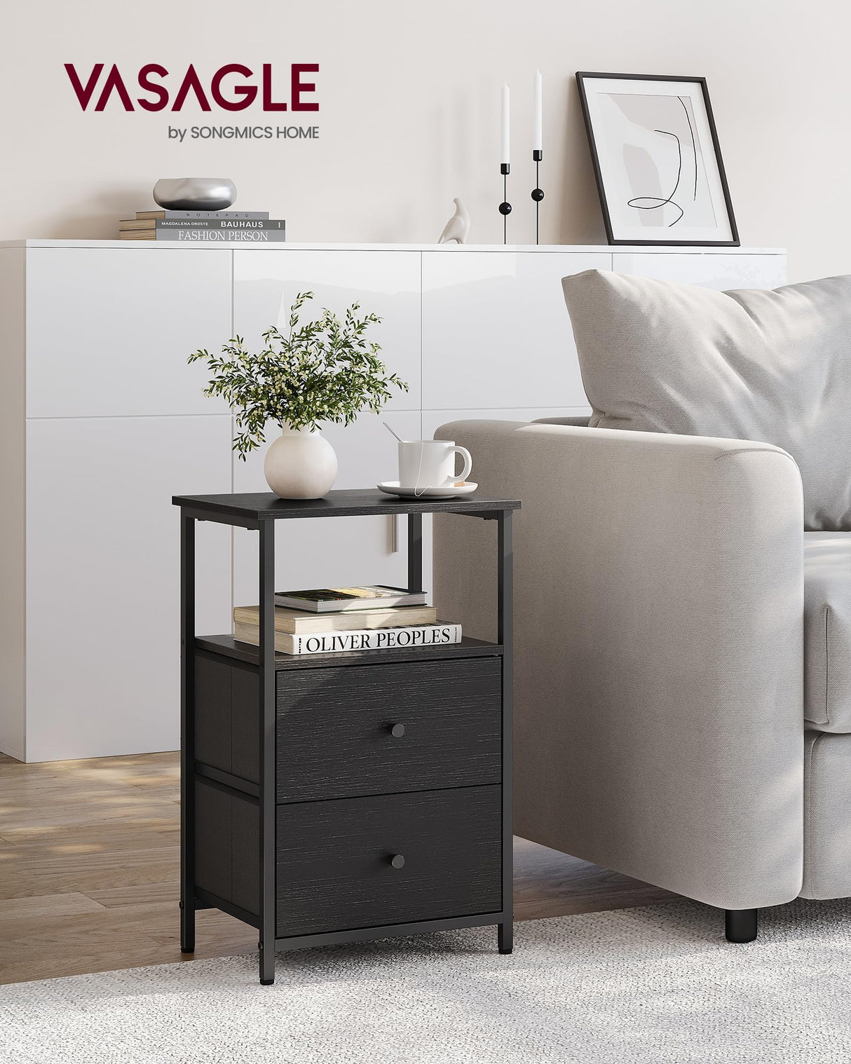 VASAGLE Nightstand Set of 2, Side Tables with 2 Fabric Drawers, 24-Inch Tall End Tables with Storage Shelf, Bedroom, Ash Black and Black ULGS225B21 VASAGLE