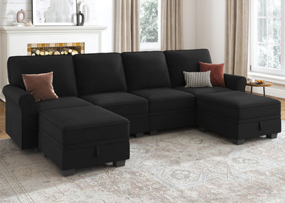 HONBAY Sectional Sofa with Storage Seat Velvet U Shaped Sectional Couch with Reversible Chaise Convertible Sectional Couches for Living Room,Black