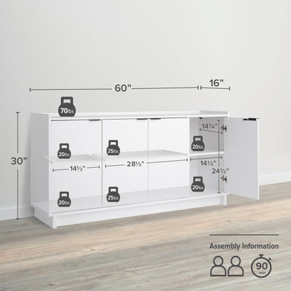 Prepac Simply Modern 4-Door Console Table with Versatile Storage in White - WoodArtSupply