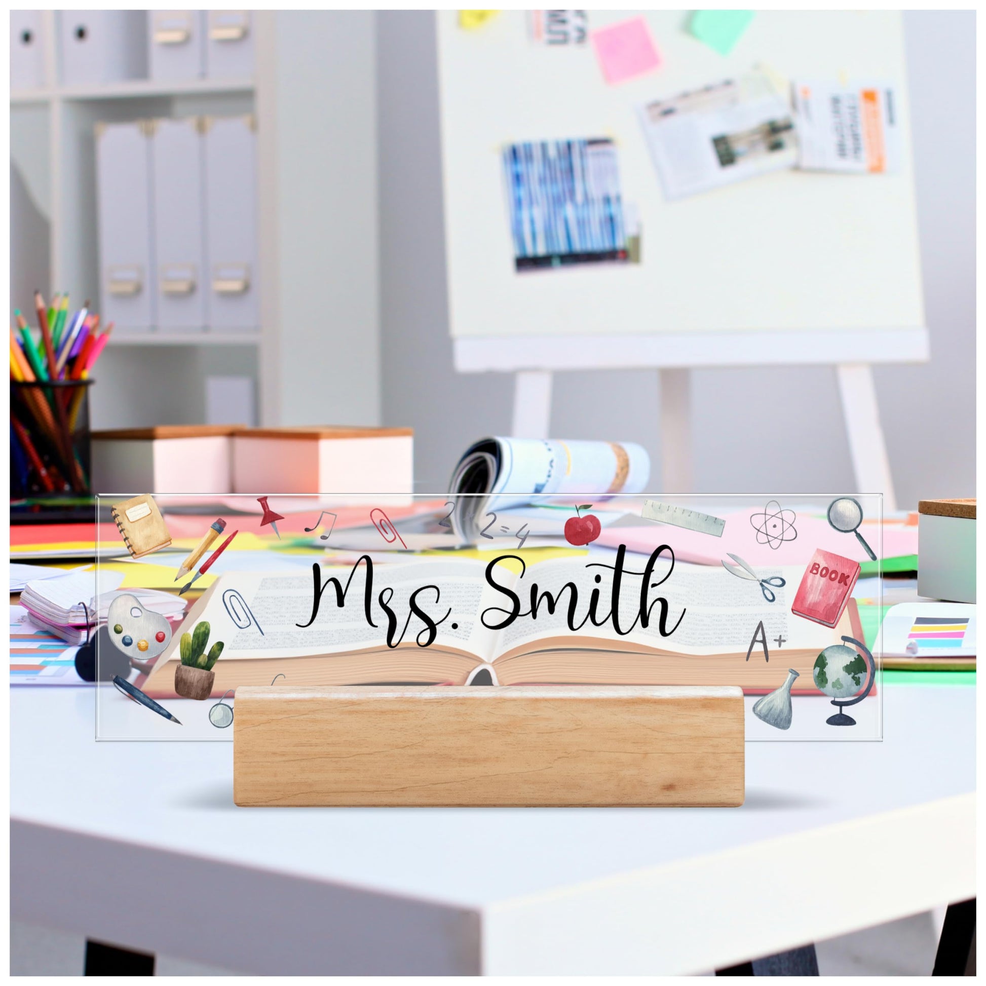 Acrylic Desk Name Plate Personalized with Wooden Base - 28 Backgrounds - Custom Name Plate for Desk, Office Decor, Teacher Appreciation Gifts - WoodArtSupply