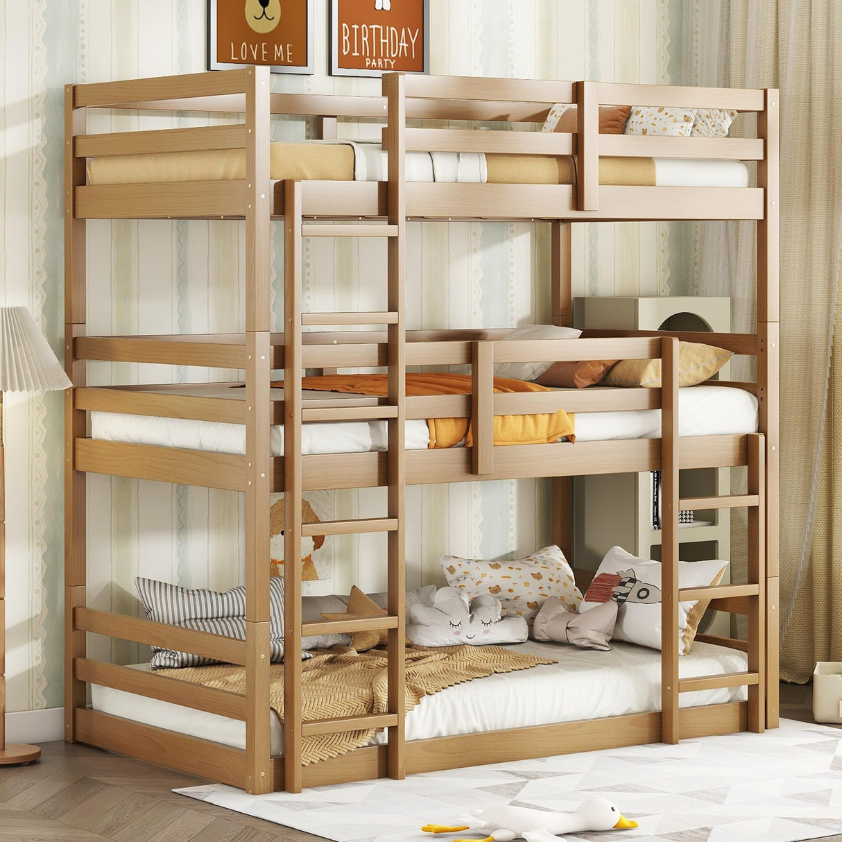 Twin Over Twin Over Twin Triple Bunk Bed for Kids,3 Bed Bunk Beds for 3,Solid Wood Twin Size Triple Bunk Bed with Two Built-in Ladders,Detachable Triple Bunk Beds,Natural Bellemave