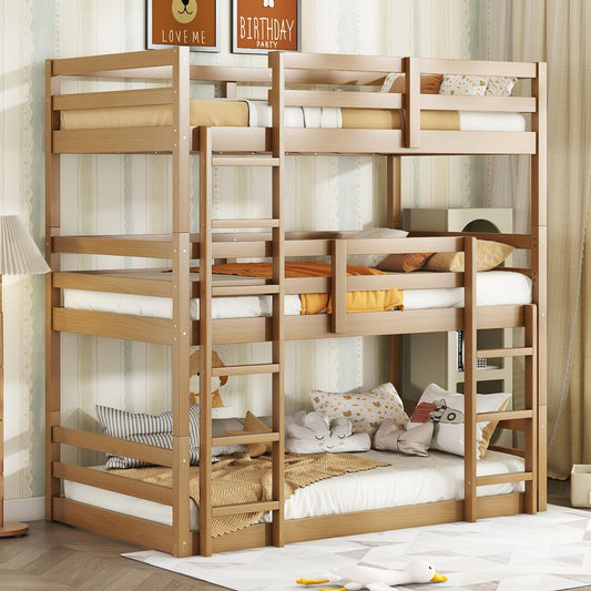 Twin Over Twin Over Twin Triple Bunk Bed for Kids,3 Bed Bunk Beds for 3,Solid Wood Twin Size Triple Bunk Bed with Two Built-in Ladders,Detachable Triple Bunk Beds,Natural