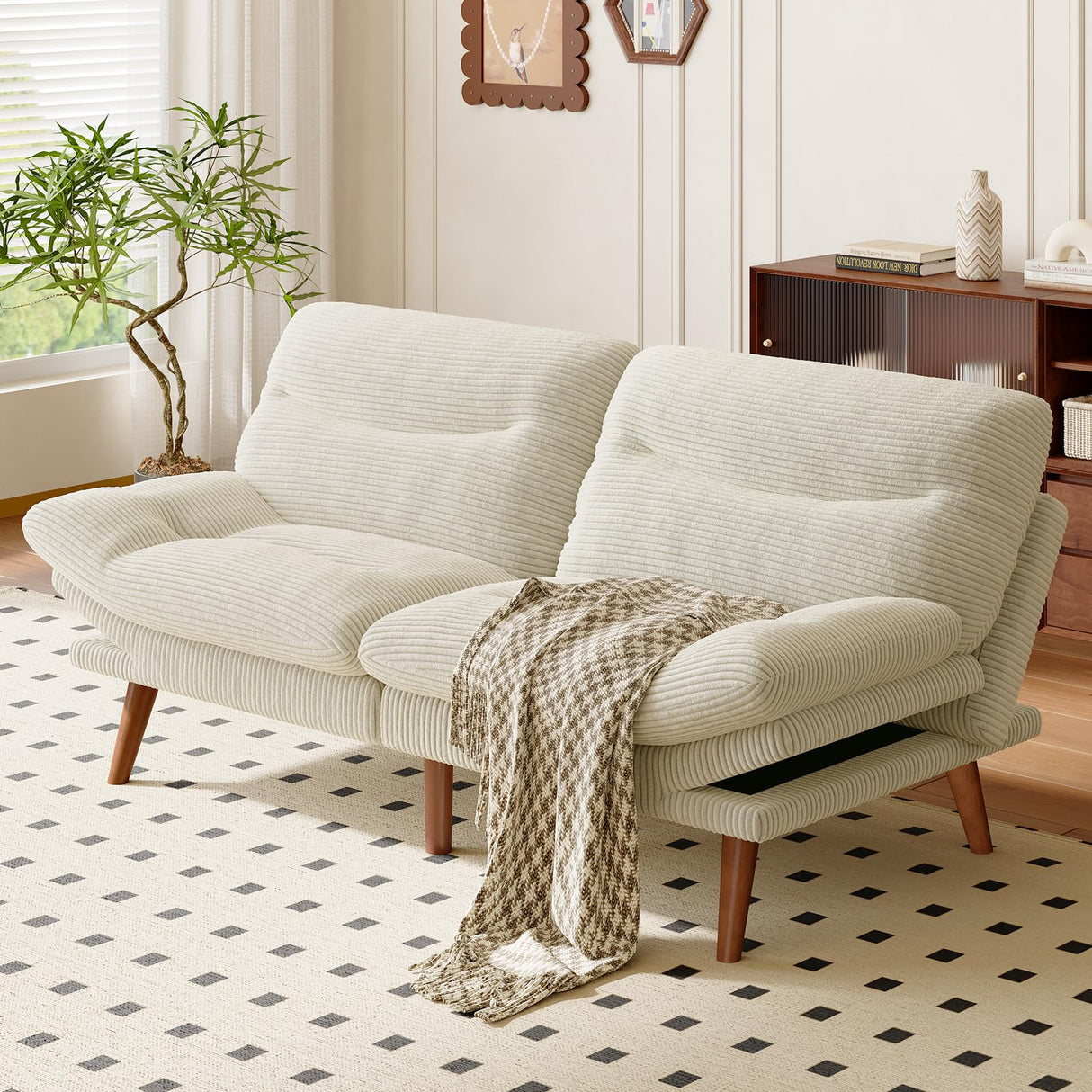 AMADA HOMEFURNISHING Convertible Futon Sofa Bed,66″ White Futon with Adjustable Backrest & Armrests,Folding Futon Sleeper Recliner for Small Spaces, Play Room Or Office, Corduroy Small Couch AMADA HOMEFURNISHING