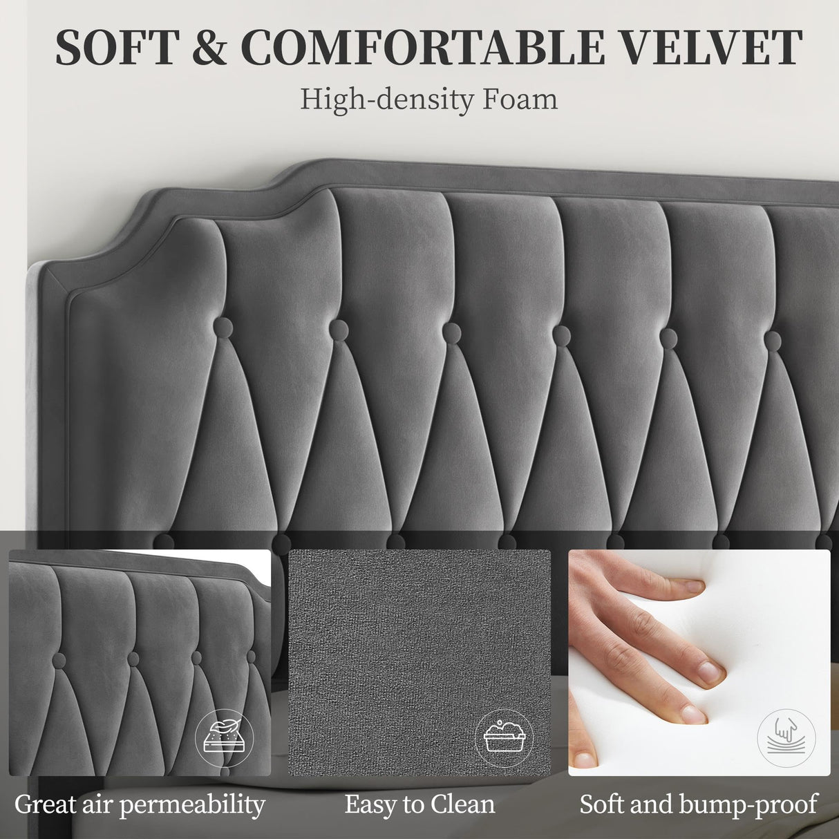 Yaheetech Dark Gray Velvet Upholstered Queen Bed Frame with Adjustable Curved Headboard Yaheetech