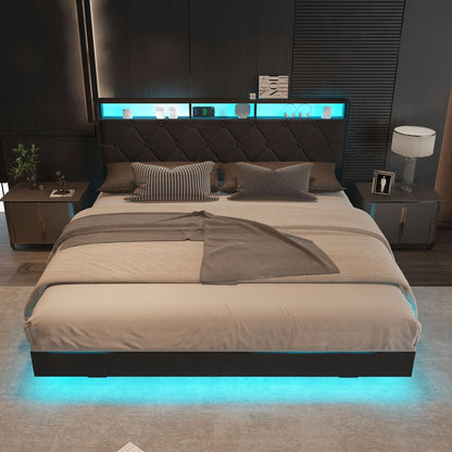 SAVOLIFE Grey Queen Size Floating Bed Frame with LED Headboard and Charging Station - WoodArtSupply