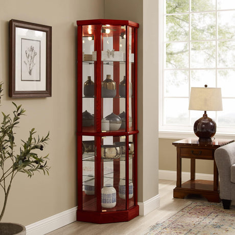 HomJoones Lighted Corner Display Curio Cabinet, 70" Tall Wooden Curved Shelving Unit with Tempered Glass Door, Bar and Liquor Storage Area with 6 Shelves (Cherry) HomJoones