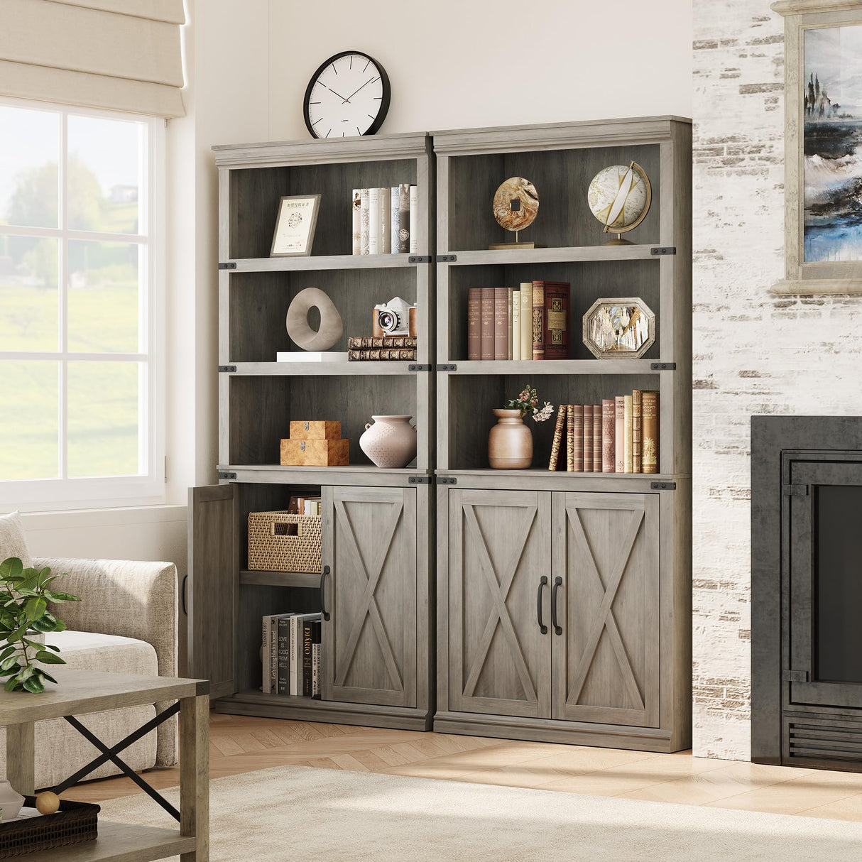 GAOMON Farmhouse Bookcases with Doors, 5 Tier Bookshelf with Storage, 70 inch Tall Bookshelf and Bookcase, Wooden Storage Cabinet for Living Room, Home, Office, Bedroom (Grey) GAOMON