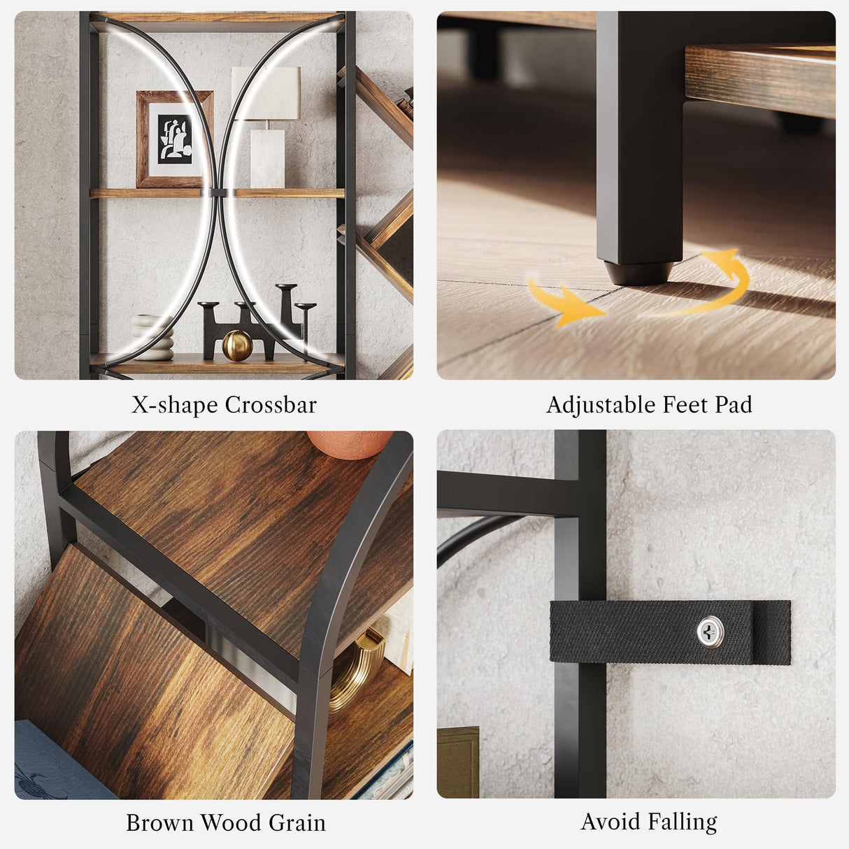 LIKEMET Triple 5 Tier Bookshelf, Bookcase with 18 Open Display Shelves, Wide Tree Bookshelf Metal Frame Tall Book Case for Living Room Home Office Rustic Brown LIKEMET