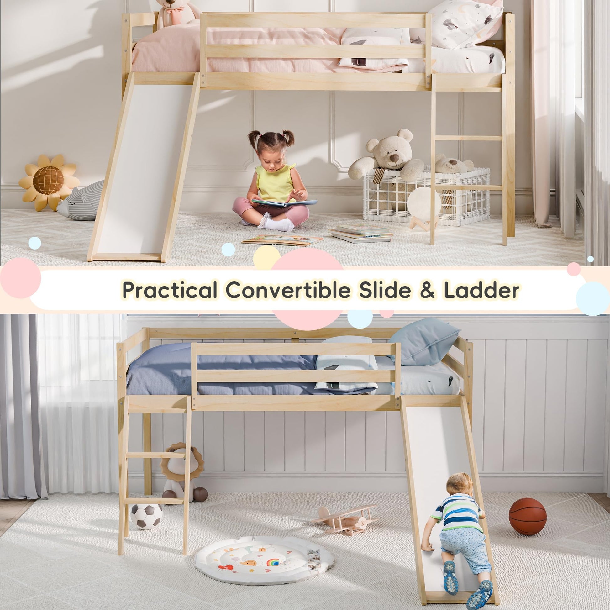 MU Twin Loft Bed with Slide, Climbing Ladder, and Safety Guard Rail in Natural Wood - WoodArtSupply