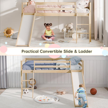 MU Twin Loft Bed with Slide, Climbing Ladder, and Safety Guard Rail in Natural Wood - WoodArtSupply