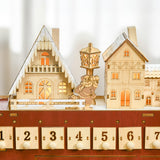 HOMCOM Christmas Advent Calendar, Light Up Table Xmas Wooden Bus Holiday Decoration with Countdown Drawer, Santa Claus Street House, for Kids and Adults HOMCOM