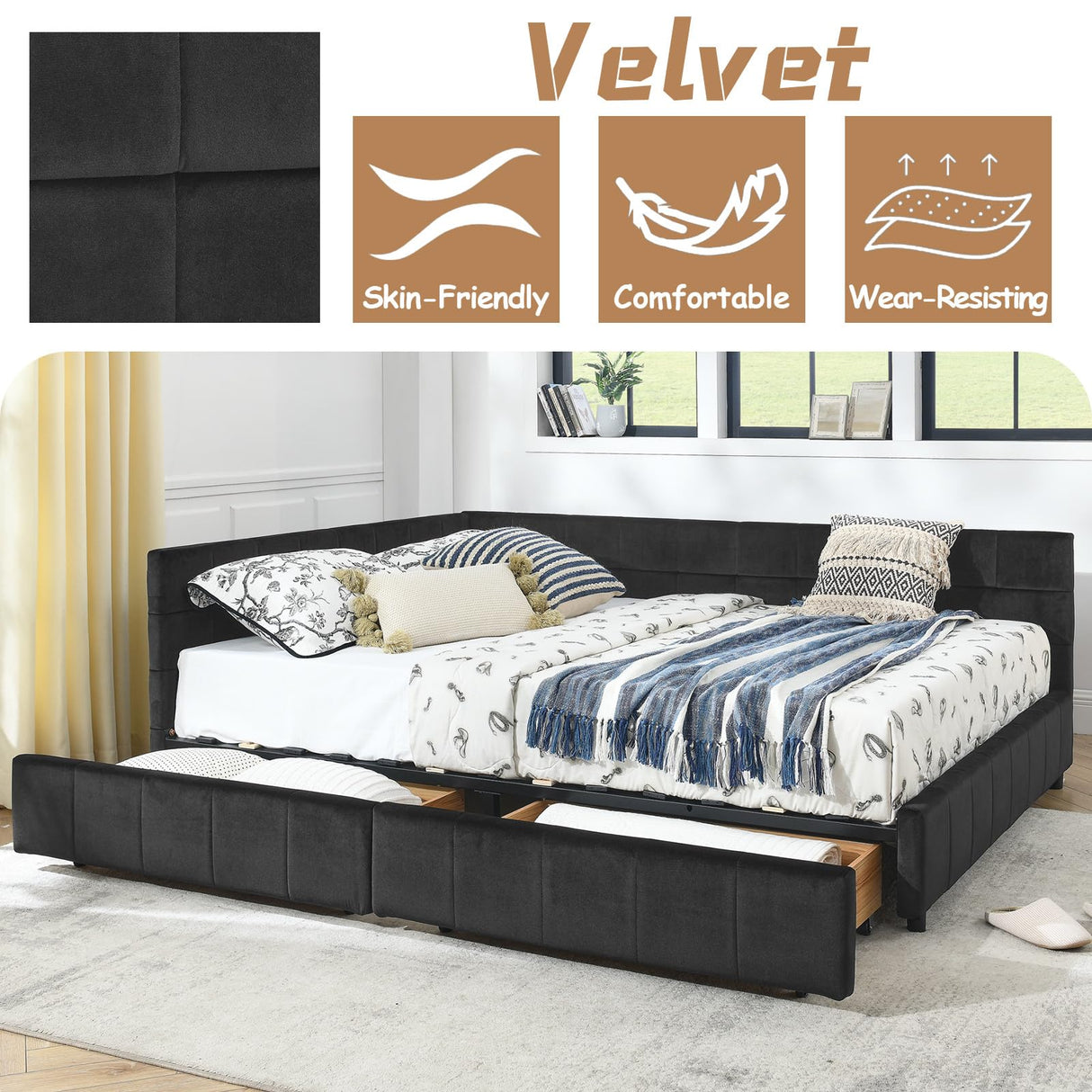MWrouqfur Velvet Corner Bed Frame Full, Upholstered Corner Daybed with Drawers, Full Size Day Bed Frame with Storage, Classic Tufted Design, Reversible Left Or Right (Black, Queen) MWrouqfur