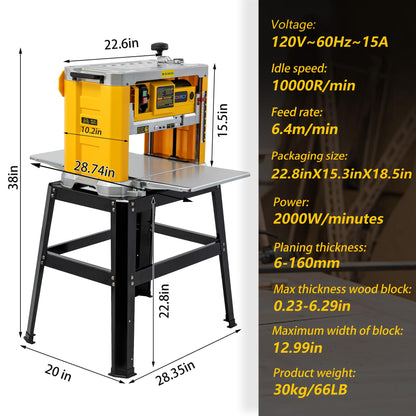 Benchtop Planer, Three-Solid Steel Blade Benchtop Thickness Planer, 20,000 RPM, 15-Amp, Corded, Dust removal system (Planer with Stand) - WoodArtSupply