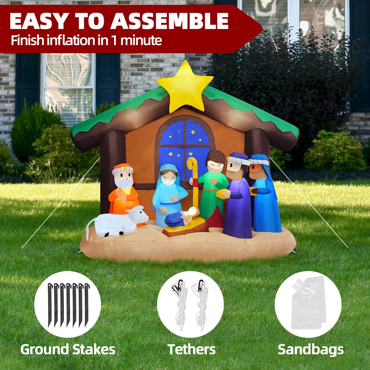 Inflatable Christmas Nativity Scene, 6FT LED Blow Up Christmas Outdoor Decoration Clearance, Lighted Nativity Set Decor for Yard Patio Holiday Xmas Party Poolergetic