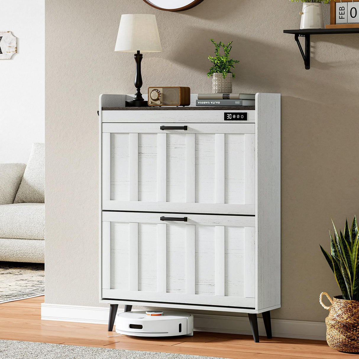 ChooChoo Shoe Storage Cabinet with 2 Flip Drawers, Deodorizing Shoe Organizer Storage for Entryway, Freestanding Hidden Slim Narrow Shoe Rack Cabinet, Antique White & Brown ChooChoo