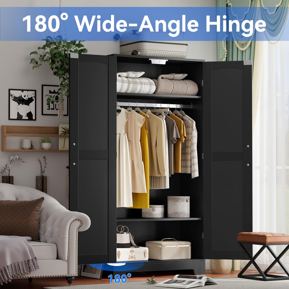 Wooden Armoire Wardrobe Closet, Wardrobe Cabinet with Door and Shelves, Freestanding Bedroom Armoires Clothing Storage Cabinet with Hanging Rod for Bedroom, Laundry Room, Cloak Room（Black） Honsiva