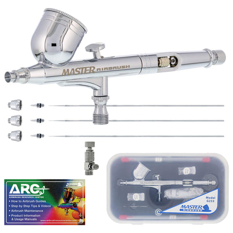 Master Performance G233 Pro Set Master Airbrush Gun with 3 Nozzle Sets (0.2, 0.3 & 0.5mm Needles, Fluid Tips and Air Caps) - Dual-Action Gravity Feed Airbrush, 1/3 oz Cup, Cutaway Handle Master Airbrush