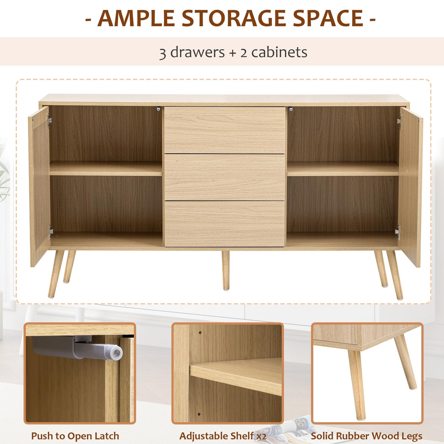 Amposei Modern Sideboard Buffet Cabinet 58.2-Inch Wooden Credenza TV Stand Console Storage Cabinet with Drawers & Adjustable Shelves for Living Dining Room, Natural