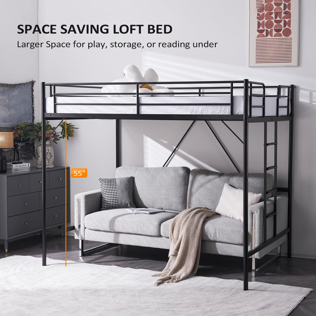 VINGLI Loft Bed Full Size with Flat Rungs for Adults, Kids and Young Teens, No Box Spring Required,Heavy Duty Metal Slat Support VINGLI
