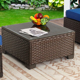 Rattaner Patio Furniture Wicker Coffee Table Outdoor Garden Square Side Table with Tempered Glass Top Brown Rattaner