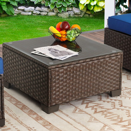 Rattaner Patio Furniture Wicker Coffee Table Outdoor Garden Square Side Table with Tempered Glass Top Brown Rattaner