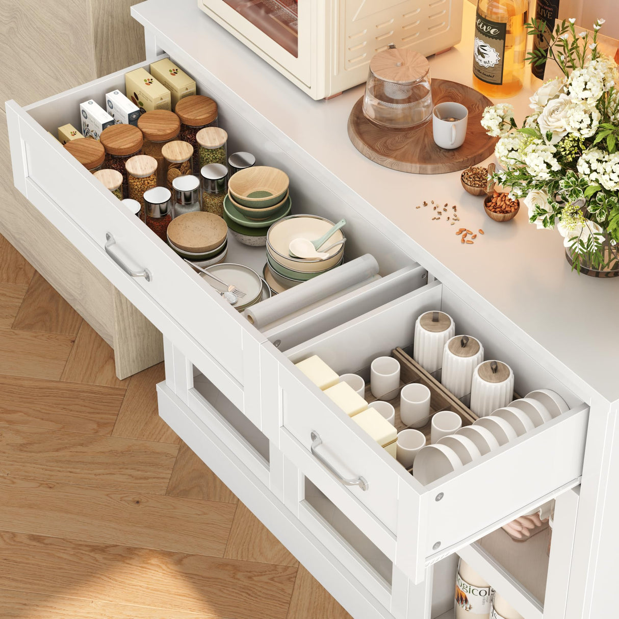 FINETONES 71" Pantry Cabinet with LED Light and Charging Station, Storage Cabinet with Microwave Stand, Kitchen Pantry Hutch Cupboard with Glass Doors and Shelves, White FINETONES