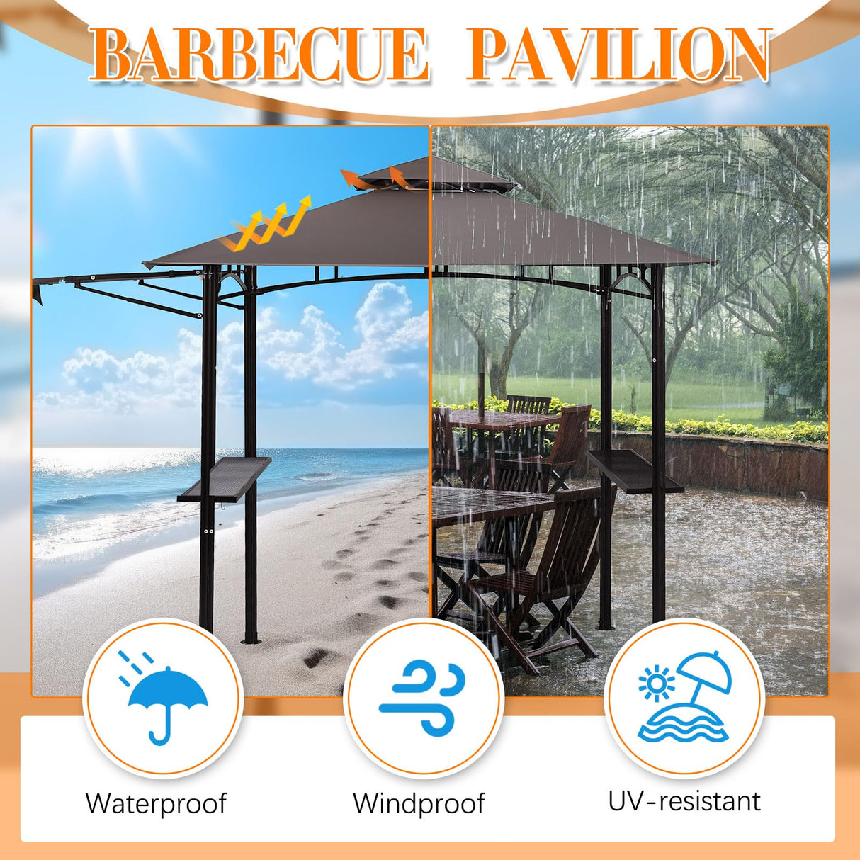 Burbell 5 x 11'grill Gazebo with Extra Shadow with 33ft Outdoor String Lights, Outdoor BBQ Grill Canopy with Extra Side Awnings and LED Lights with 40 Bulbs Waterproof for Patio Party Backyard (Brown) Burbell
