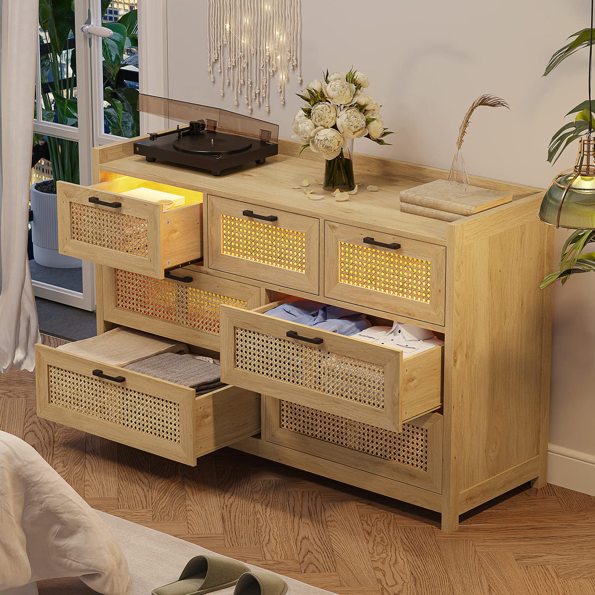 Rattan Dresser for Bedroom with LED Lights, Modern Drawer Dresser with Metal Handles, Wood Storage Chest of Drawers Dresser for Closet, Bedroom, Living Room, Hallway MSmask