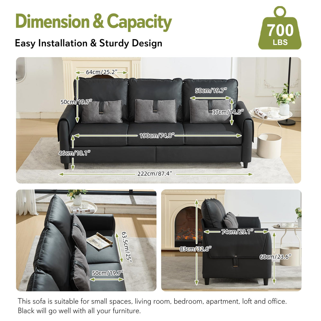 STHOUYN 88” Faux Leather Couch for Living Room, Black Office Couch Small Space, Comfy 3 Seater Couches Leather Sofa with High Backrest (Black) STHOUYN