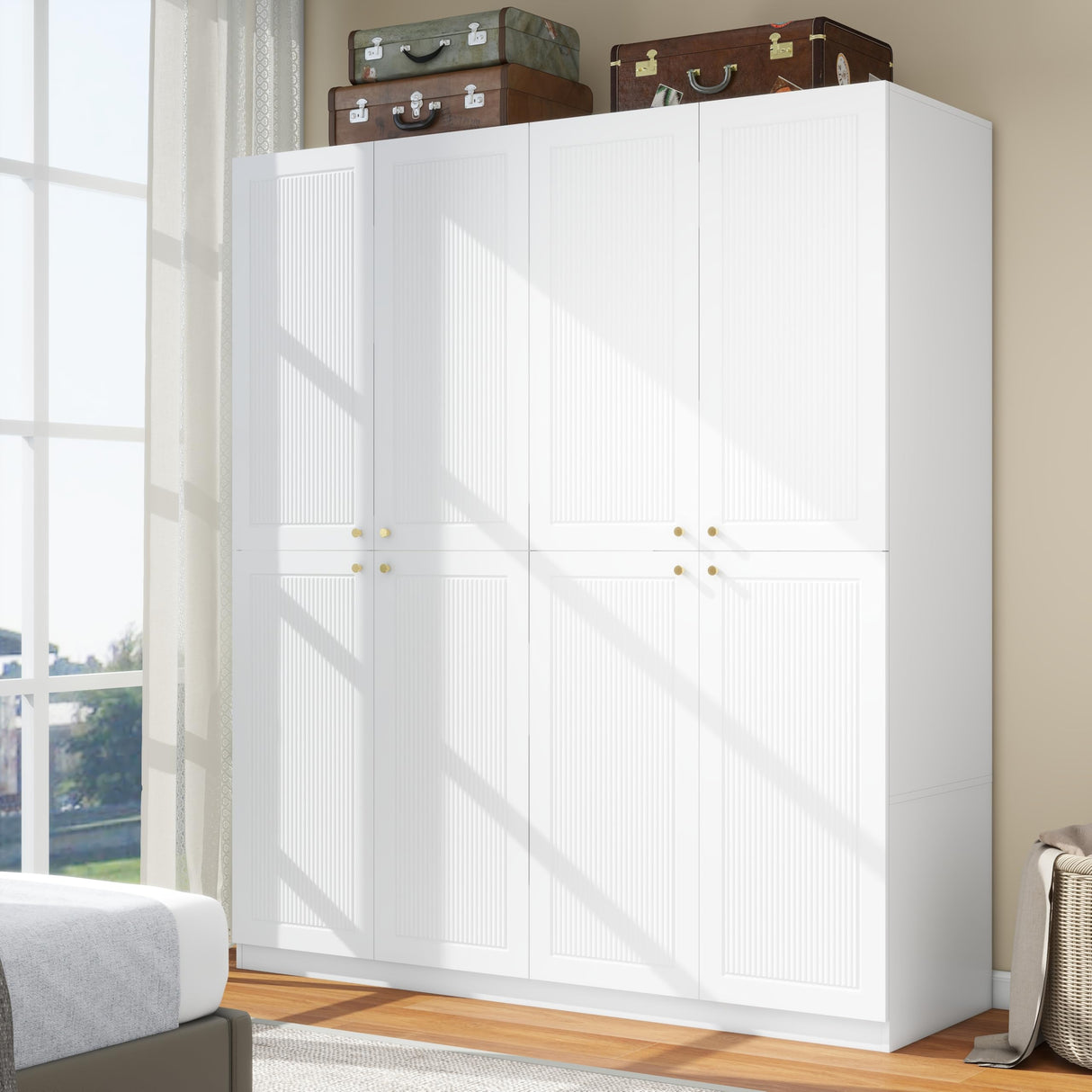 LABROSKIA White Wardrobe Closet with Grooved 4 Doors, Bedroom Armoire with Shelves, Wooden Wardrobe Closet Cabinet for Hanging Rod Clothes, Wardrobe Storage Closet (White) LABROSKIA