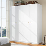 LABROSKIA White Wardrobe Closet with Grooved 4 Doors, Bedroom Armoire with Shelves, Wooden Wardrobe Closet Cabinet for Hanging Rod Clothes, Wardrobe Storage Closet (White) LABROSKIA