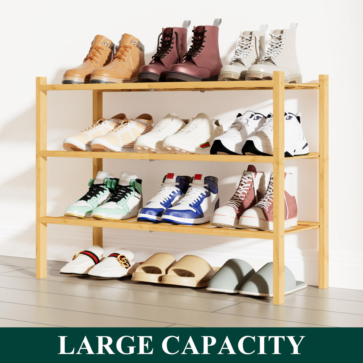 Smiry Shoe Rack, 3 Tier Bamboo Shoe Organizer, Stackable Free Standing Wooden Shoe Storage Shelf for Closet, Entryway, Front Door Entrance, Natural Smiry
