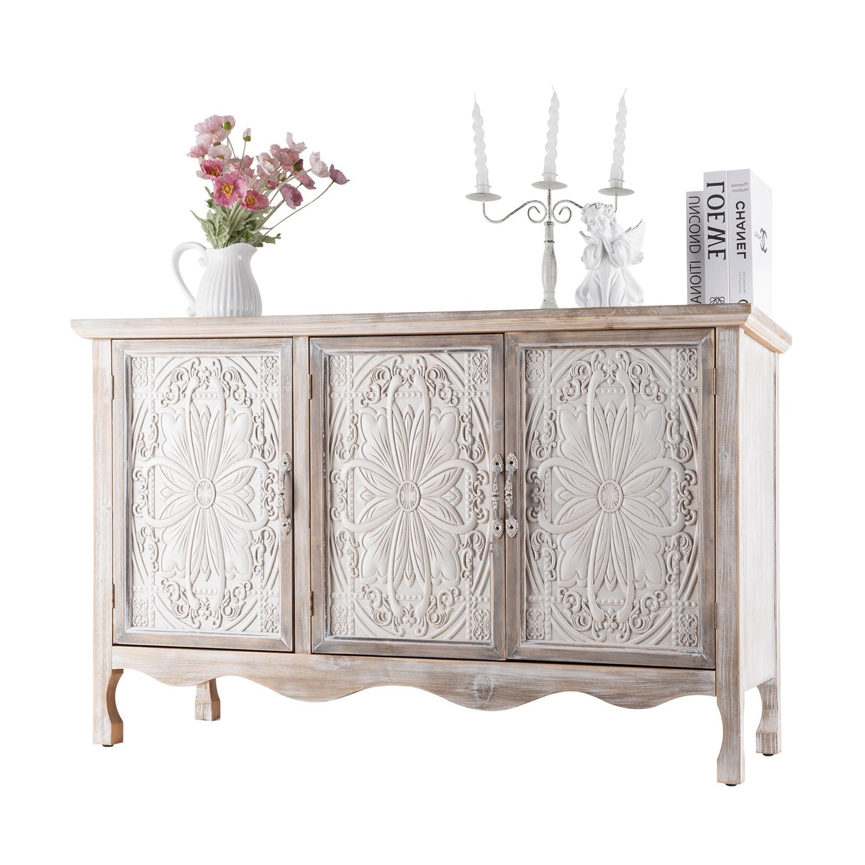 FansaFurn Accent Storage Cabinet with 3 Carved Doors and Shelves, Farmhouse Sideboard Buffet Sideboard with Storage, Wood Kitchen Cabinet for Living Room, Entryway, Dining Room and Kitchen, Wash Grey FansaFurn