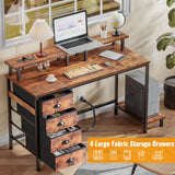 Furologee Desk with Power Outlets and LED Lights, 47in Gaming Computer Desk with 4 Fabric Drawers, Home Office Desk with Full Monitor Stand and Shelf, Study Writing Desk Bedroom, Rustic Brown Furologee
