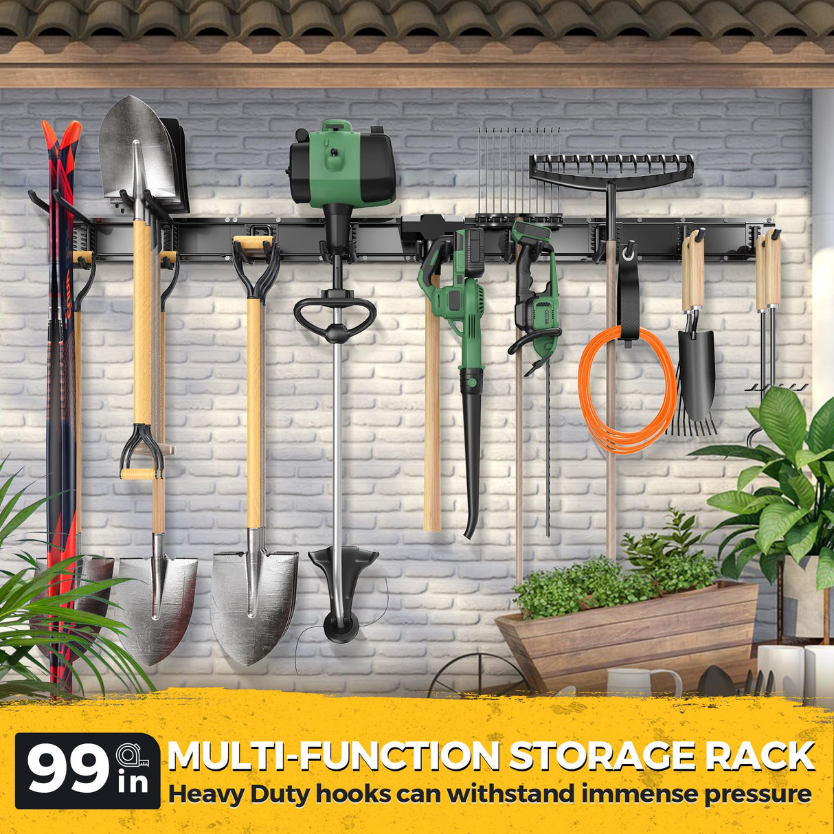 LBT 99" Garage Tool Organizer Wall Mount - 1000lbs Garden Tool Organizer with Adjustable Hooks, Heavy Duty Metal Garage Storage Rack, Anti-Rust Shed Rack Holder Hanging Rake Broom Mower Snowboard LBT