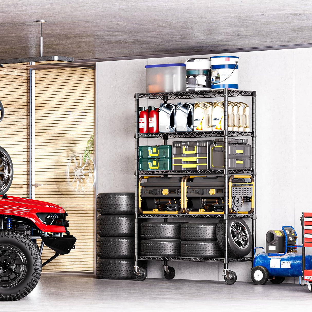 IZEUK 5-Tier Adjustable Heavy Duty Steel Wire Shelving Unit with Wheels, Storage Rack Organizer for Garage, Kitchen, Office, Laundry, Basement (Black, 17.7" D x 47.2" W x 76.7" H, 1750 lbs Capacity) IZEUK