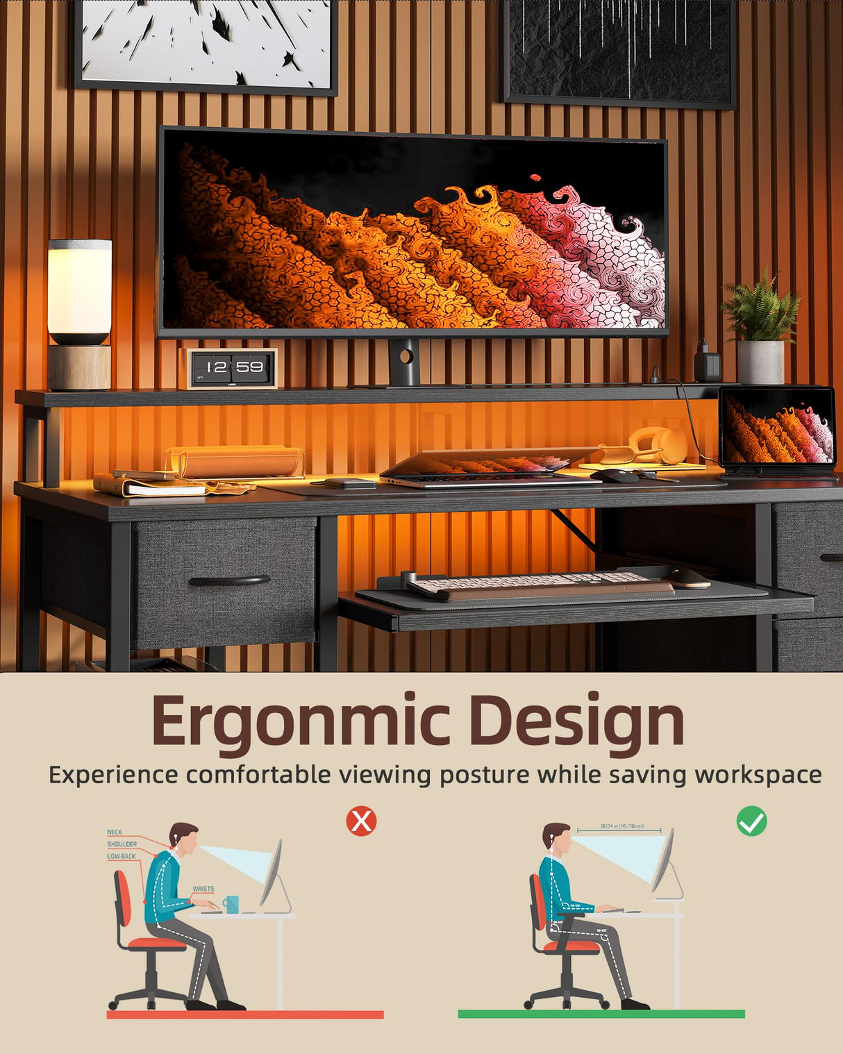 TIQLAB Computer Desk with Drawers and Power Outlets, 47 Inch Gaming Desk with LED Lights, Home Office Desk with Monitor Stand and Keyboard Tray, Study Writing Work Desk for Home Office, Black TIQLAB