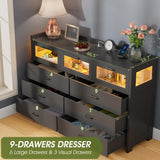 Alohappy 9 Drawer Dresser with Charging Station and LED Lights, Dresser Chest of Drawers with 3 Visual Drawers, Modern Wood Dresser for Bedroom Living Room Hallway Entryway Alohappy