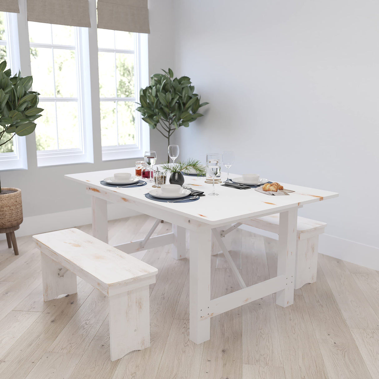 Merrick Lane Tinsley 40" x 12" White Solid Pine Folding Farmhouse Style Bench Merrick Lane