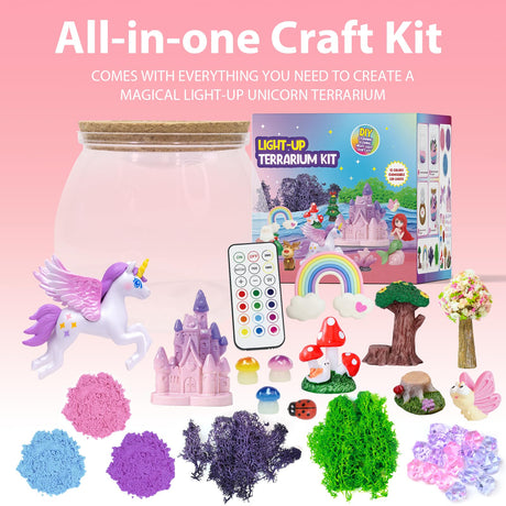 Unicorn Light-Up Terrarium Kit for Kids - LED Night Light Birthday Gift for Girls Ages 4-12 - DIY Arts and Crafts Kit lonfypeng