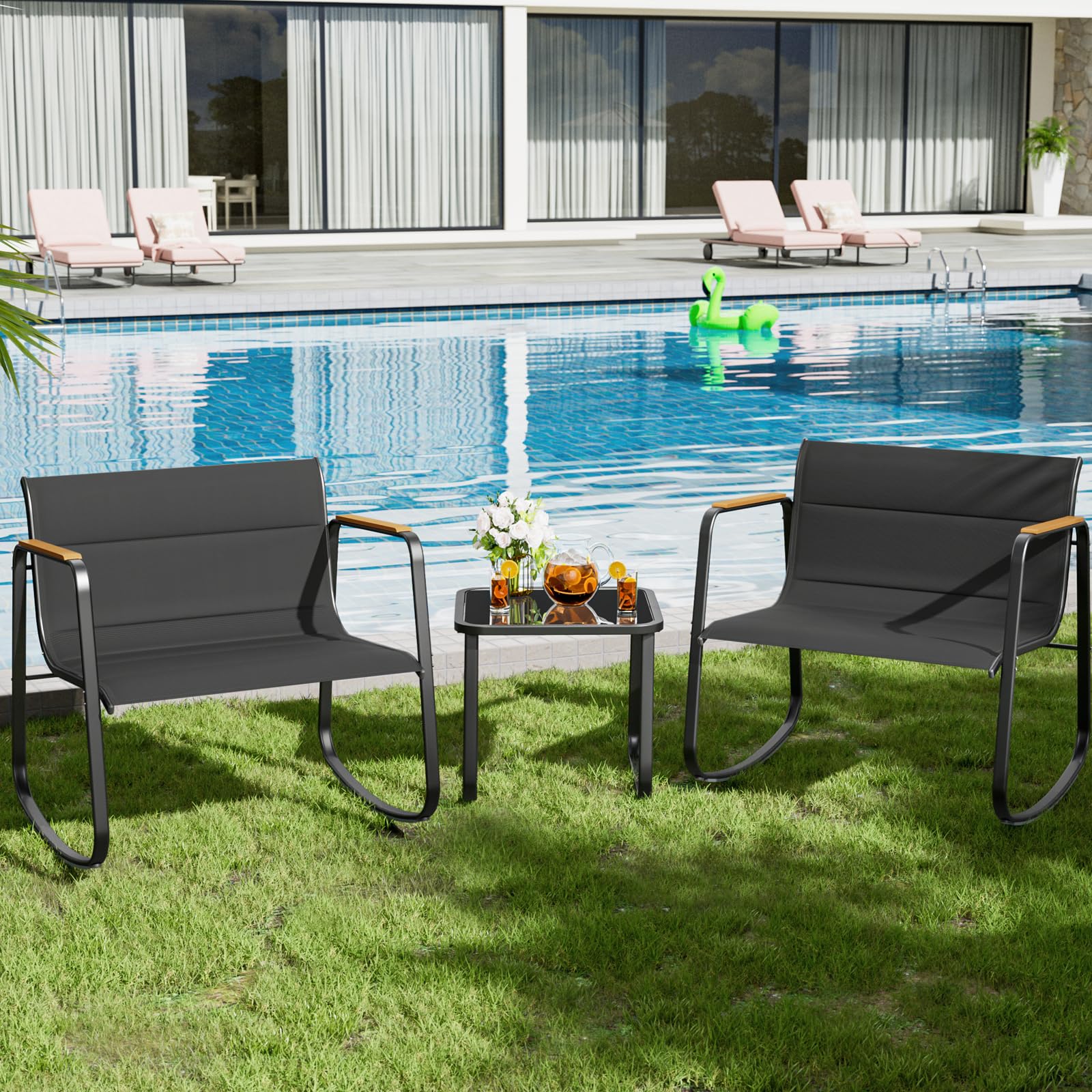 Amopatio Outdoor Table and Chair Set 3 Piece, Patio Rocking Chair, Breathable Textilene Fabric Patio Furniture Set for Porch, Poolside, Deck, Outdoor Terrace, Balcony, Garden,Black - WoodArtSupply