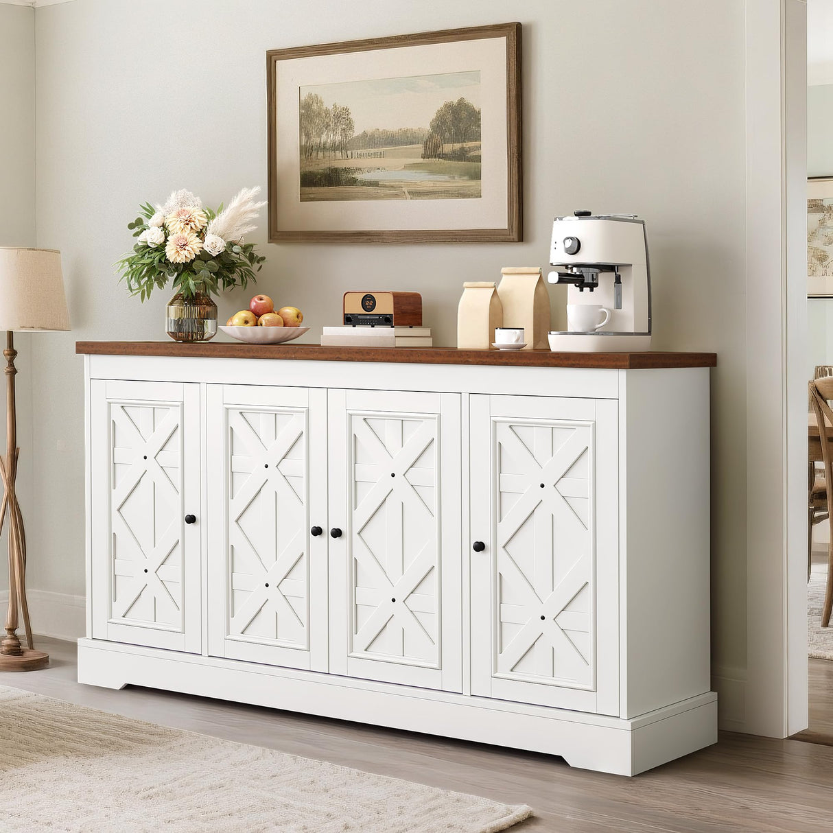 YITAHOME Sideboard Buffet Cabinet with Storage, 59" Buffet Storage with 4 Doors, Modern Farmhouse Coffee Bar Station Wood Kitchen Table with Adjustable Shelves for Kitchen, Living Room (White) YITAHOME