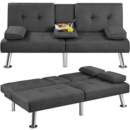 Yaheetech Convertible Sofa Bed Adjustable Fabric Couch Sleeper Modern Recliner Reversible Loveseat Folding Daybed Guest Bed, Removable Armrests, Cup Holders, 3 Angles, 772lb Capacity, Dark Gray