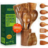 Wooden Spoons for Cooking, Teak Wooden Utensil Set, Handmade Cooking Utensil Set with Spoon Rest and Utensils Holder (9Pcs) Bkiok