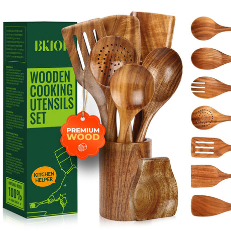 Wooden Spoons for Cooking, Teak Wooden Utensil Set, Handmade Cooking Utensil Set with Spoon Rest and Utensils Holder (9Pcs) Bkiok