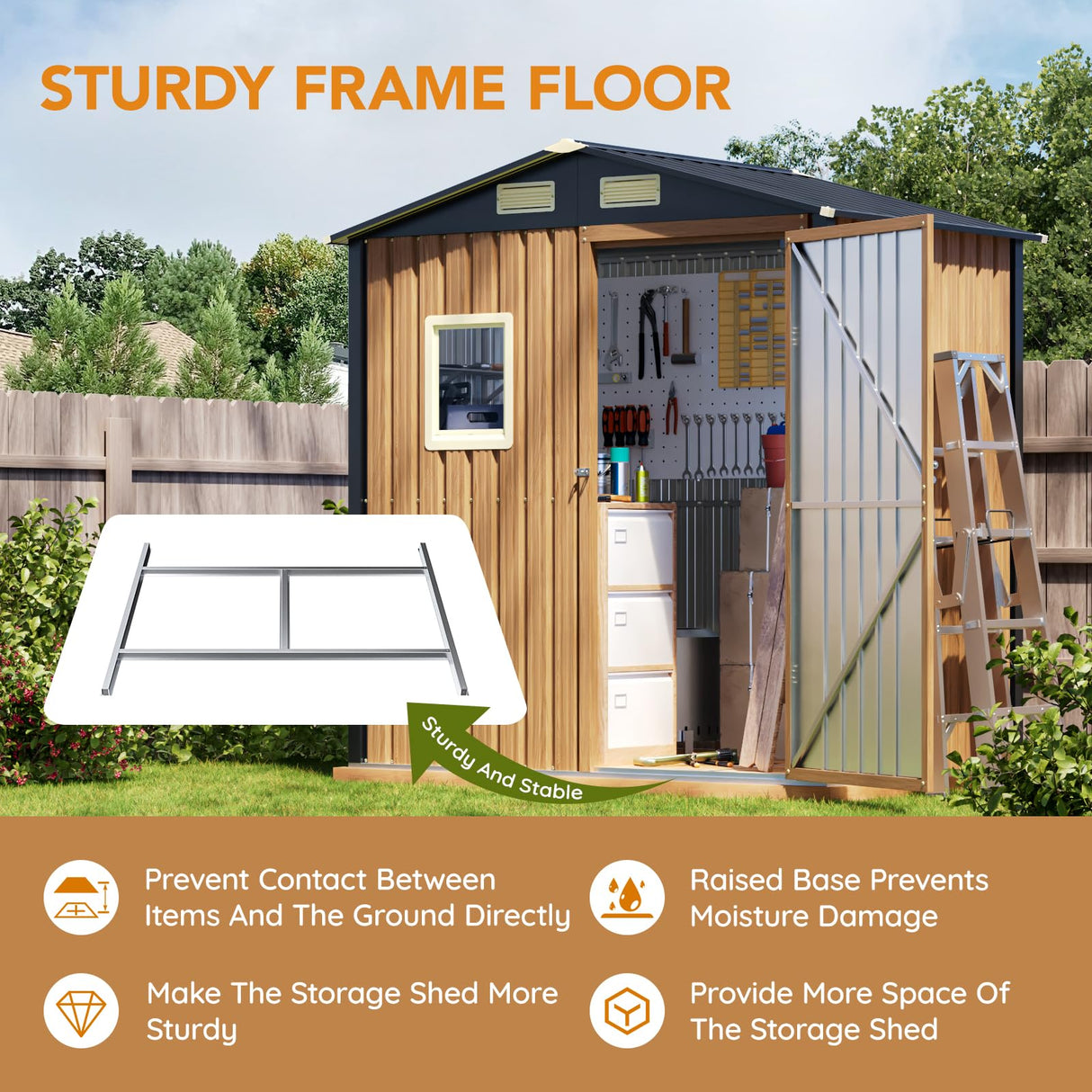 Panovue 6X4FT Garden Storage Shed with Frame Floor & Lockable Door,Steel Tool Shed with 1 Clear Window, Anti-Corrosion Metal Shed for Backyard Patio Lawn (Light Wood Grain) Panovue