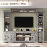 AMERLIFE 98" Farmhouse Entertainment Center Wall Unit with Bookshelves, Wine Cabinet, Fits 78" TVs, Large TV Stand with Power Outlets & Barn Door, Rustic Media Console for Living Room, Gray AMERLIFE